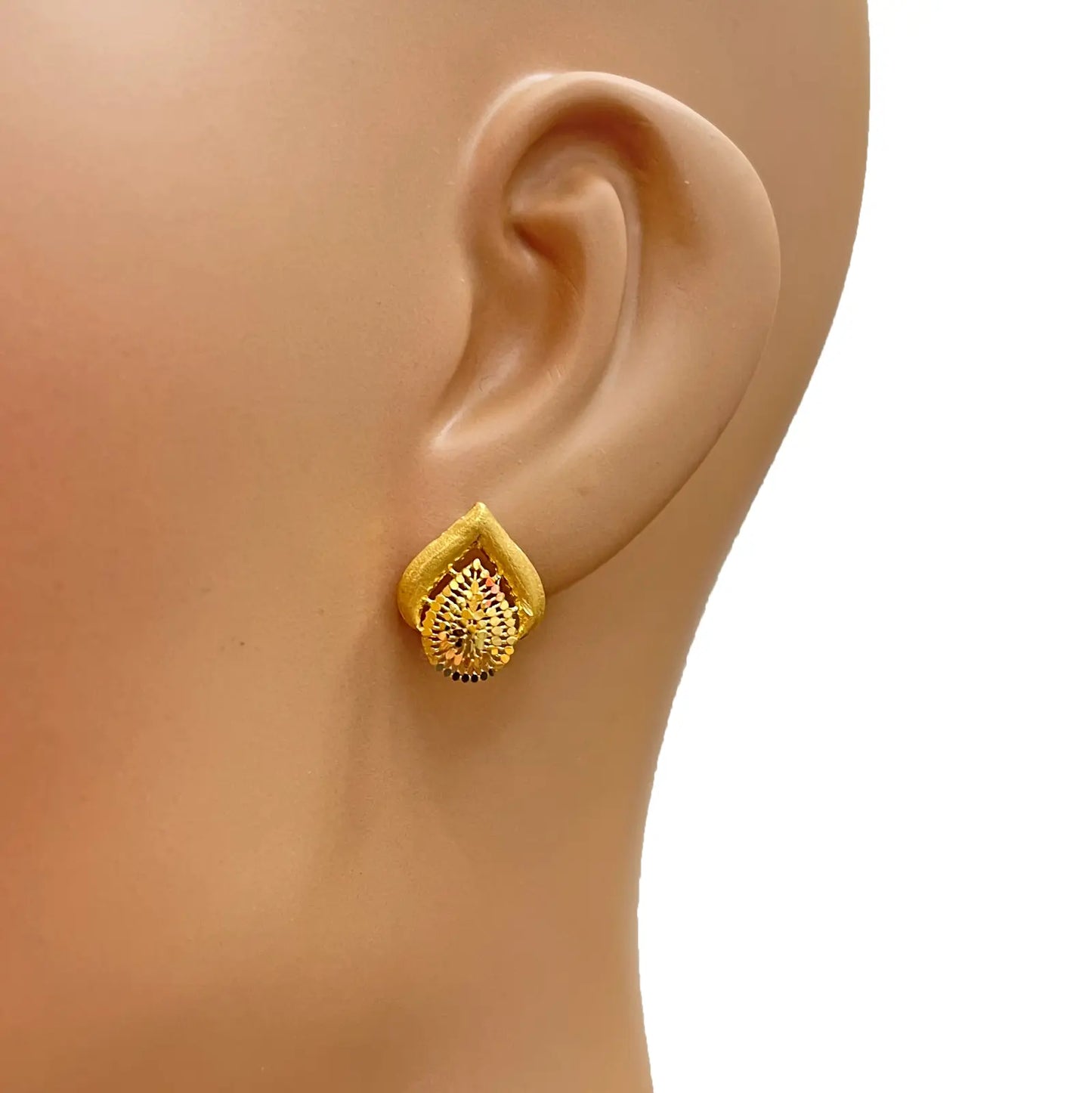 22ct Yellow Gold Diamond-Cut Brushed Teardrop Stud Earrings Gold Necklace