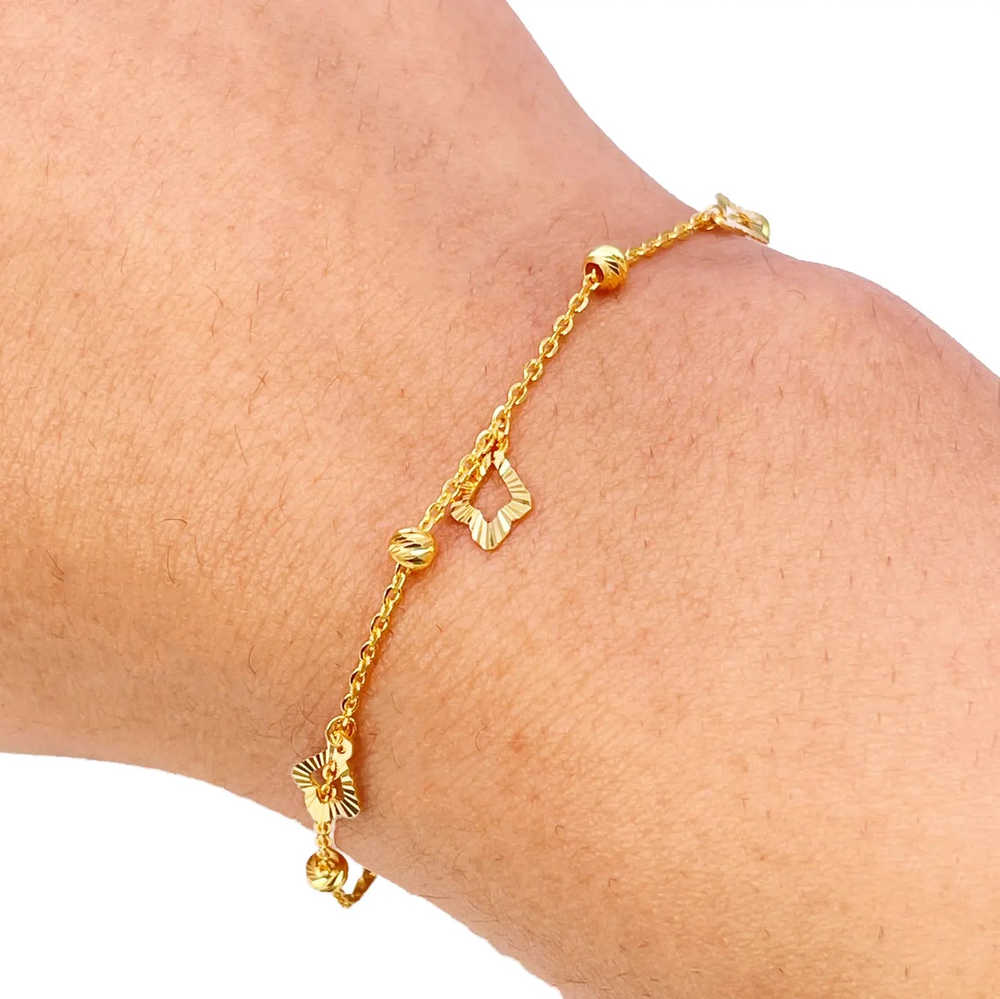 22ct Yellow Gold Diamond Cut Charm & Bead Cable Chain Bracelet 7 Inches 