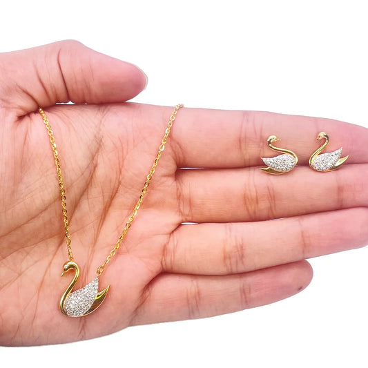 22ct Yellow Gold Elegant Swan Cubic Zirconia Necklace 18 inches & Matching Stud Earrings Set