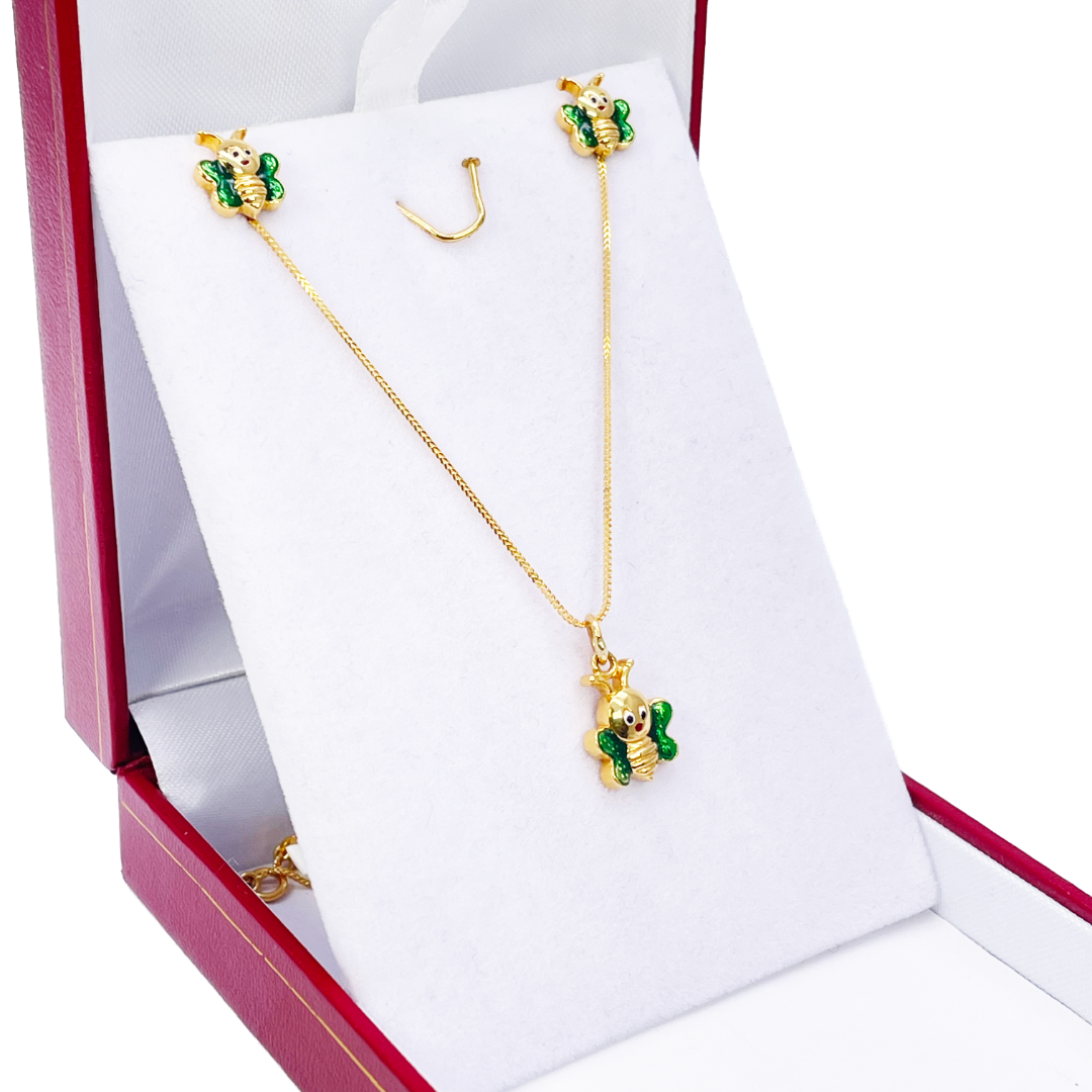 22ct Yellow Gold Cute Children's Butterfly Pendant, Necklace and Earrings Set 16 inches