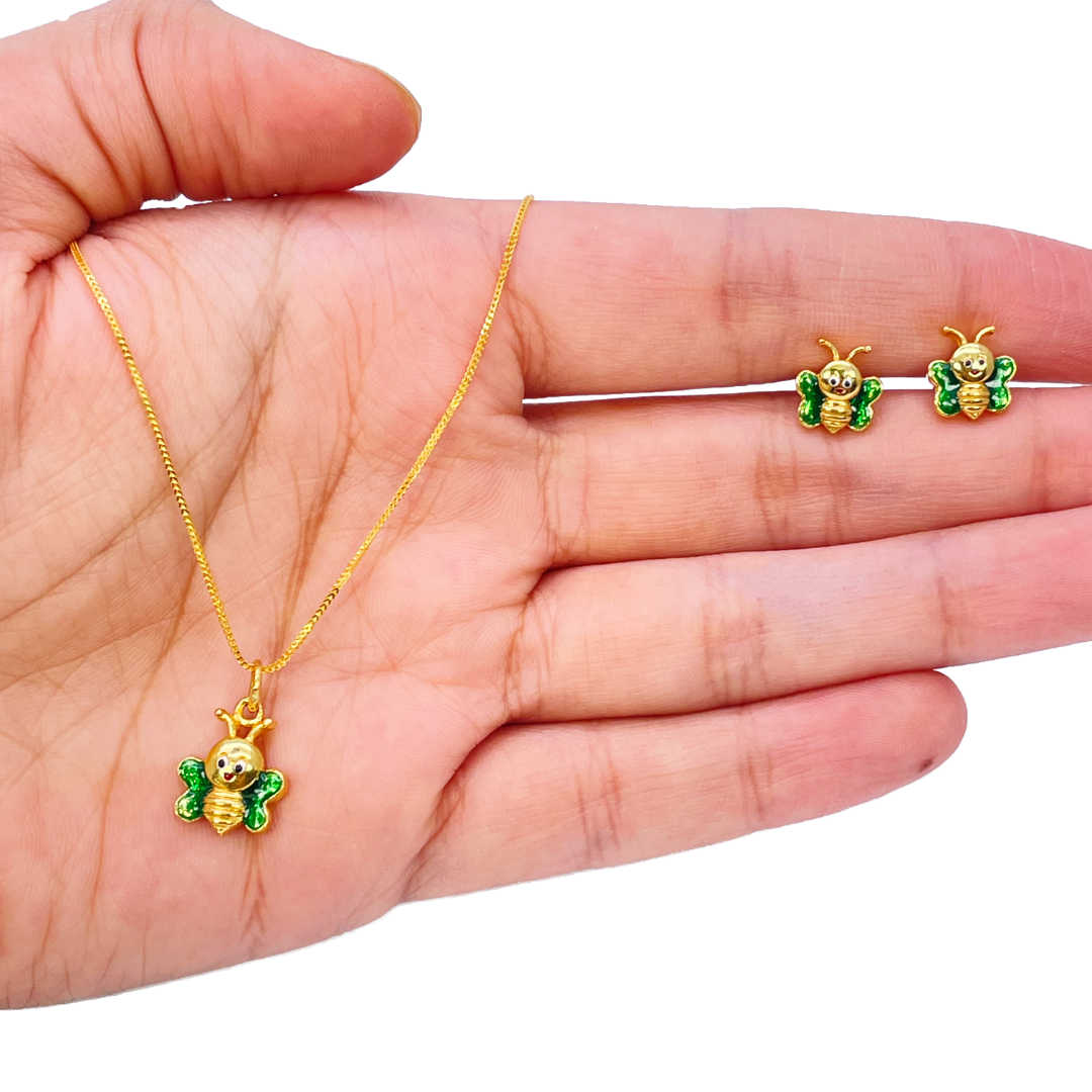22ct Yellow Gold Cute Children's Butterfly Pendant, Necklace and Earrings Set 16 inches