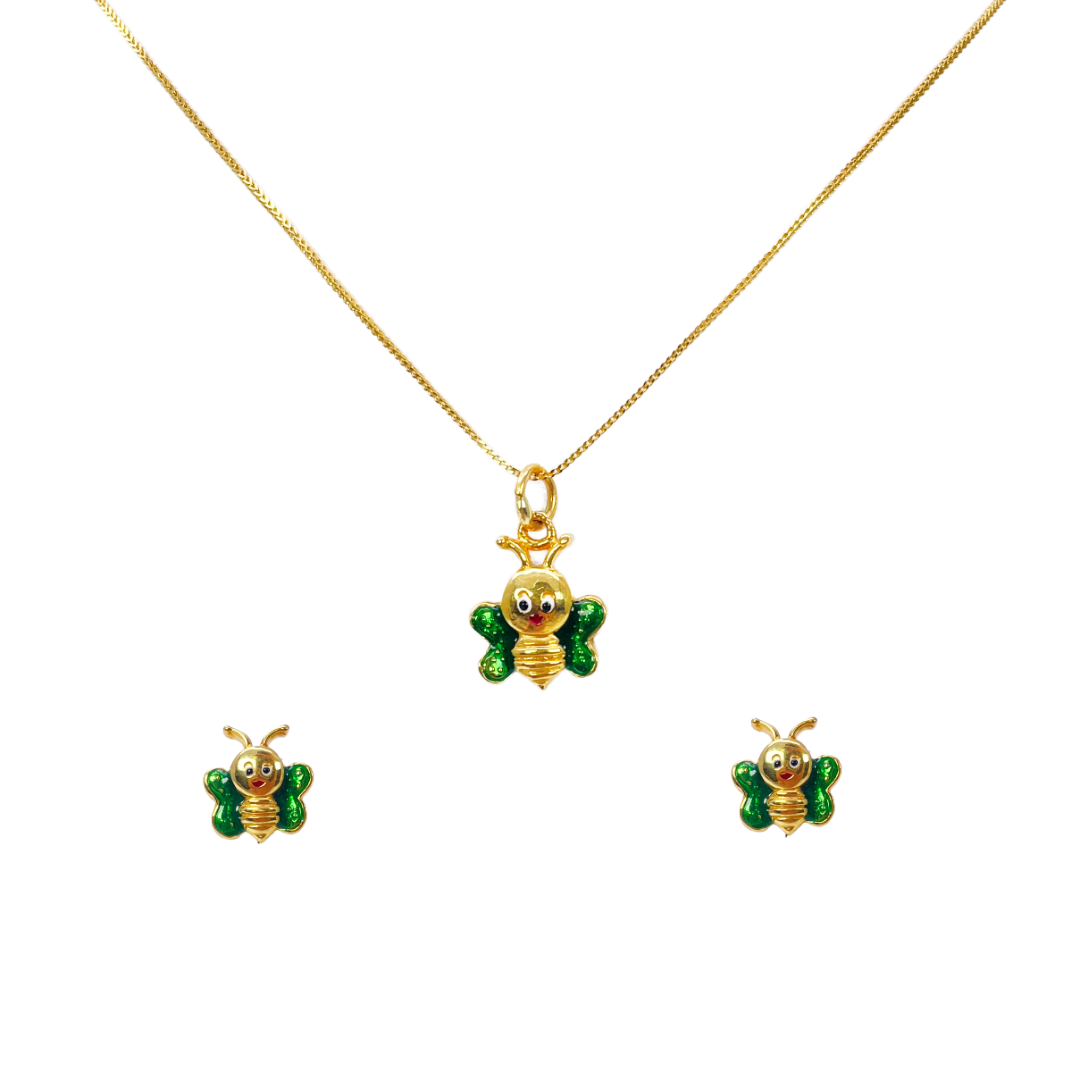 22ct Yellow Gold Cute Children's Butterfly Pendant, Necklace and Earrings Set 16 inches