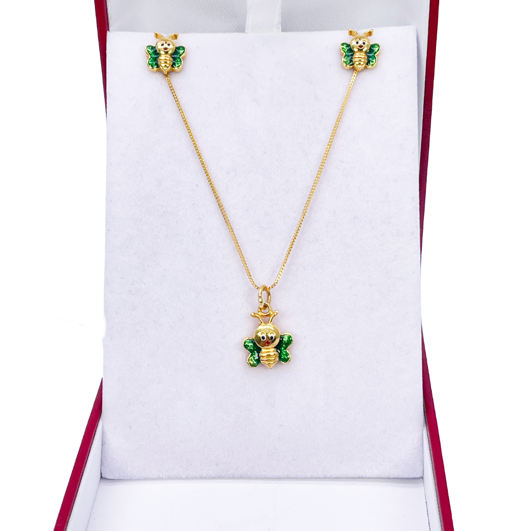 22ct Yellow Gold Cute Children's Butterfly Pendant, Necklace and Earrings Set 16 inches