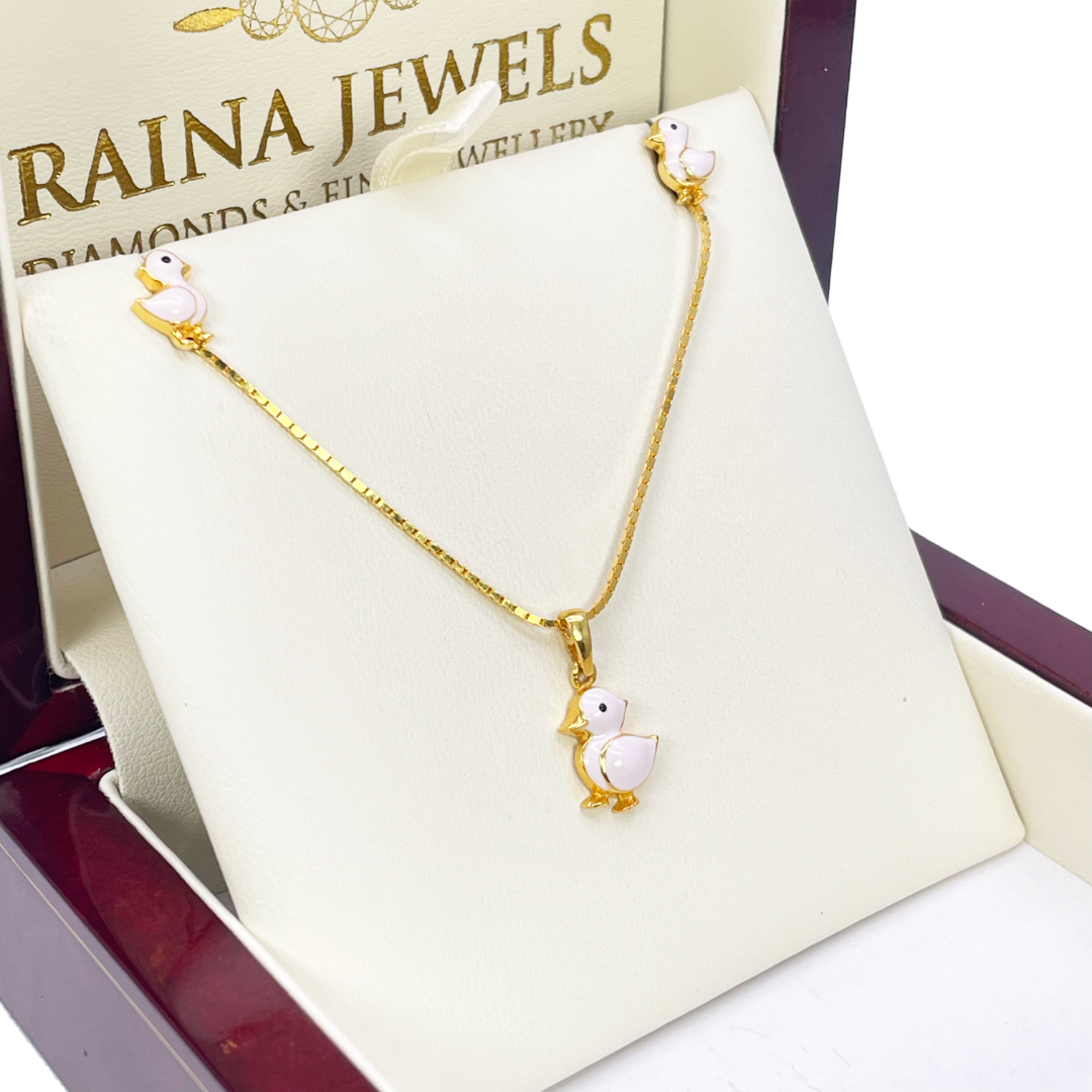 22ct Yellow Gold Children Duck Pendant, Necklace and Earrings Set 13 inches