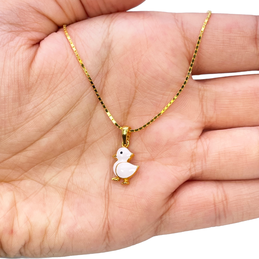 22ct Yellow Gold Children Duck Pendant, Necklace and Earrings Set 13 inches