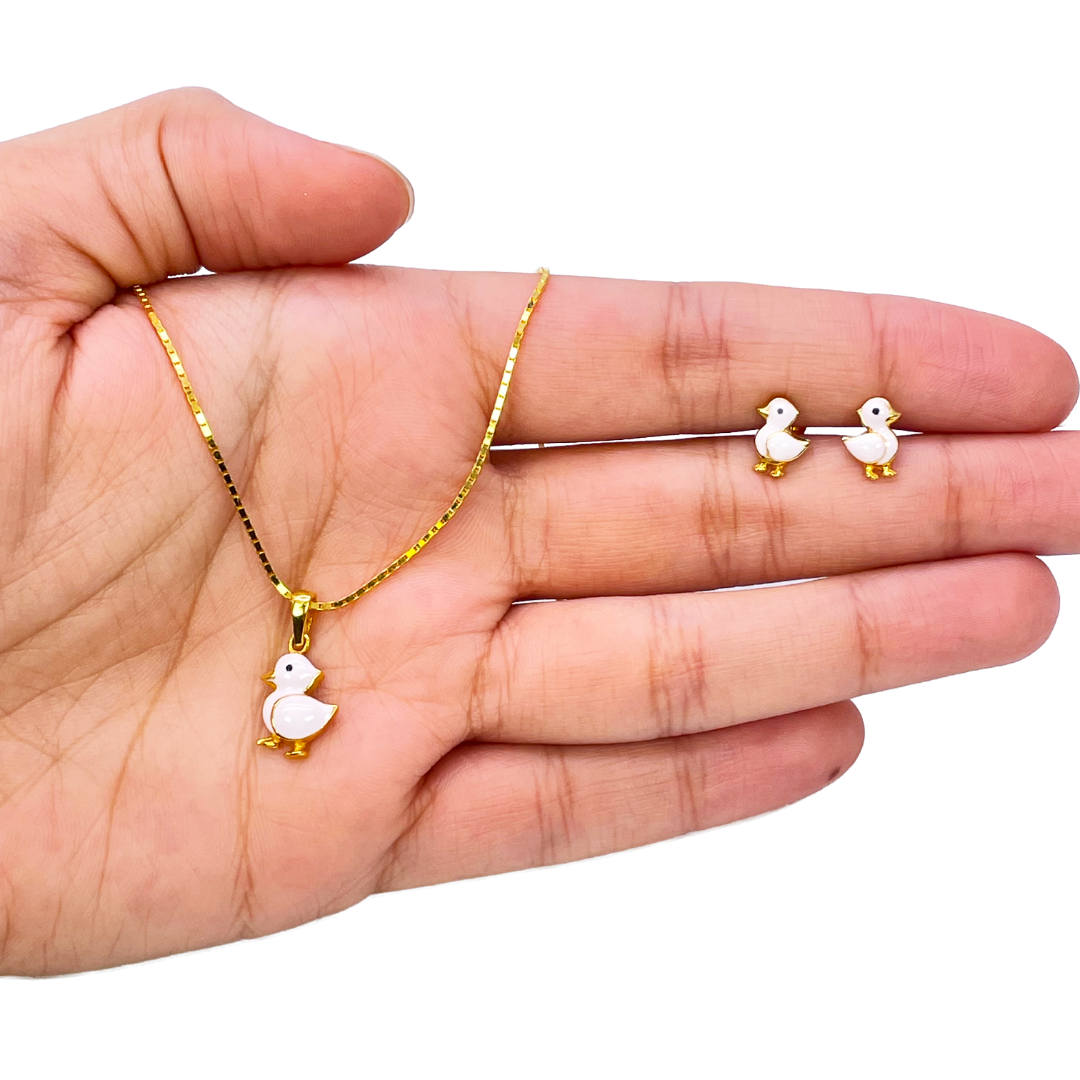 22ct Yellow Gold Children Duck Pendant, Necklace and Earrings Set 13 inches