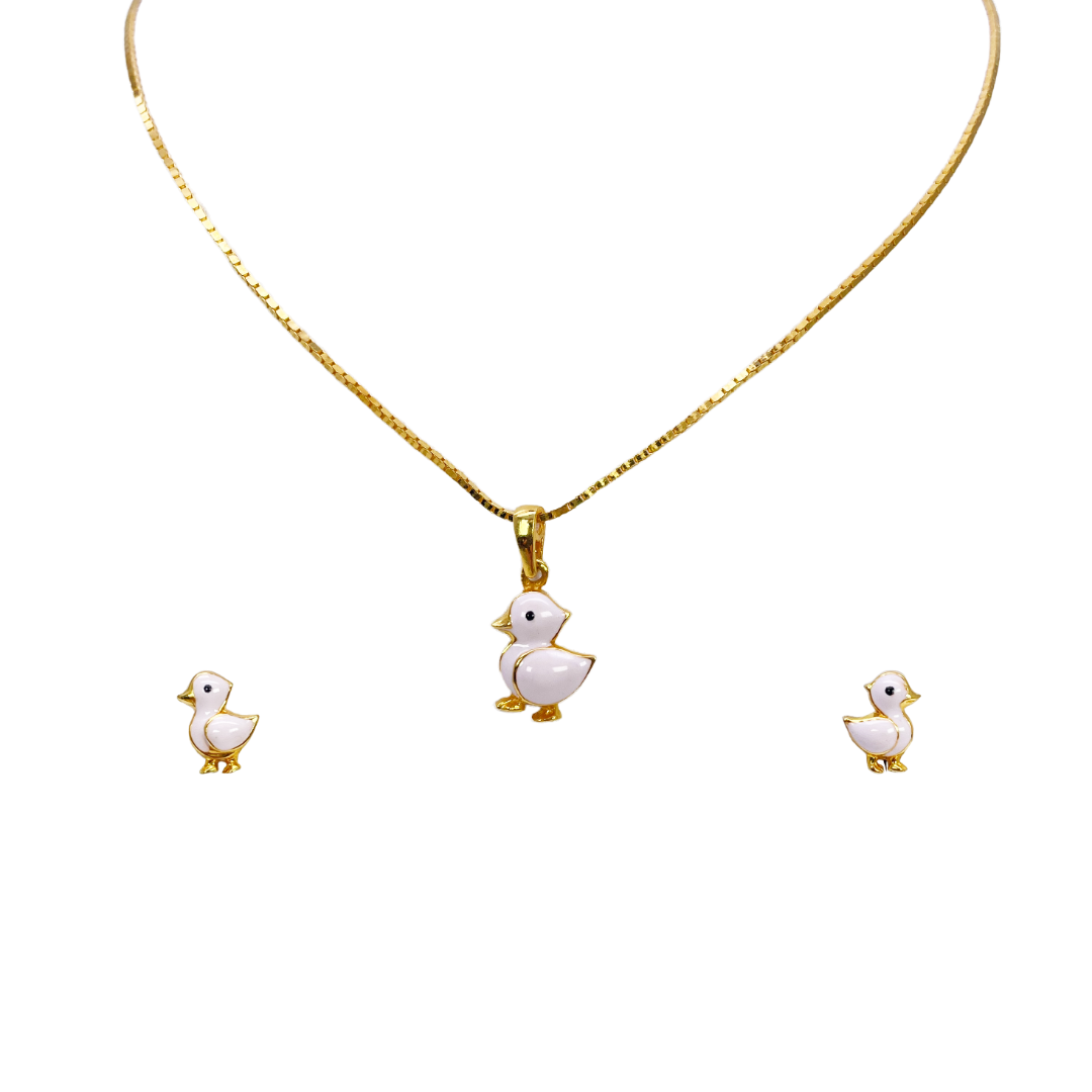 22ct Yellow Gold Children Duck Pendant, Necklace and Earrings Set 13 inches