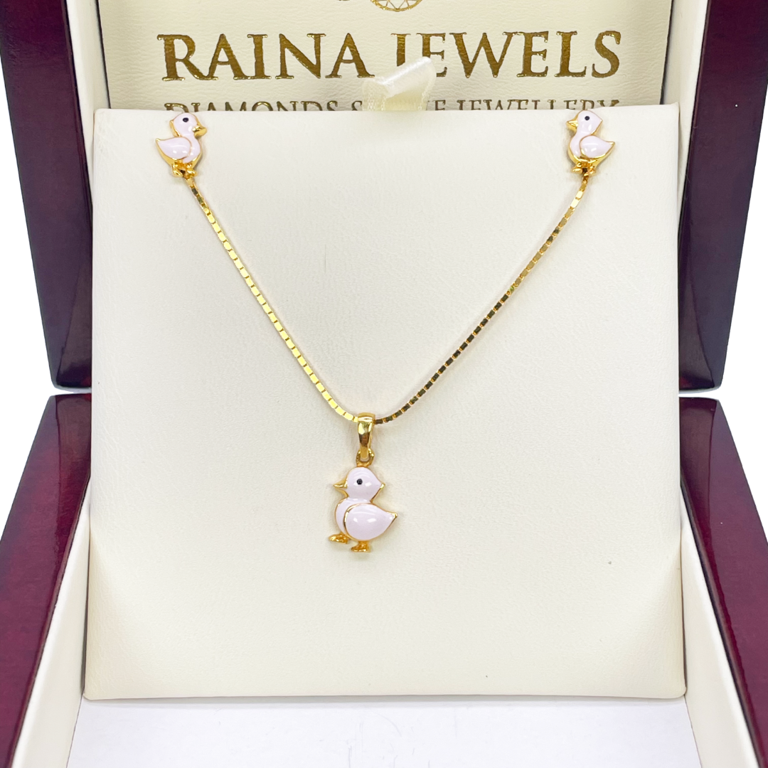 22ct Yellow Gold Children Duck Pendant, Necklace and Earrings Set 13 inches