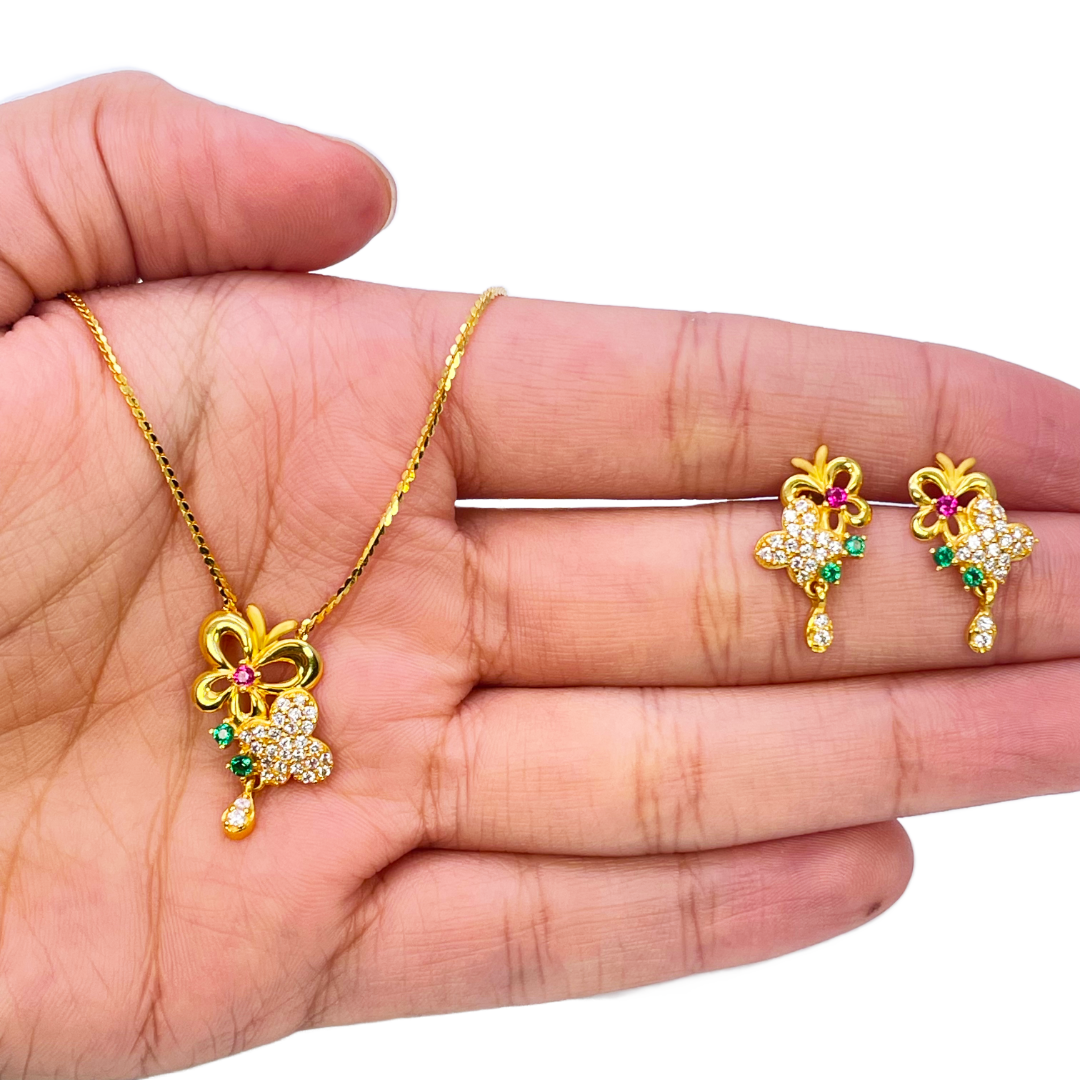 22ct Yellow Gold Floral Butterfly Necklace and Earrings Set 18.5 inches
