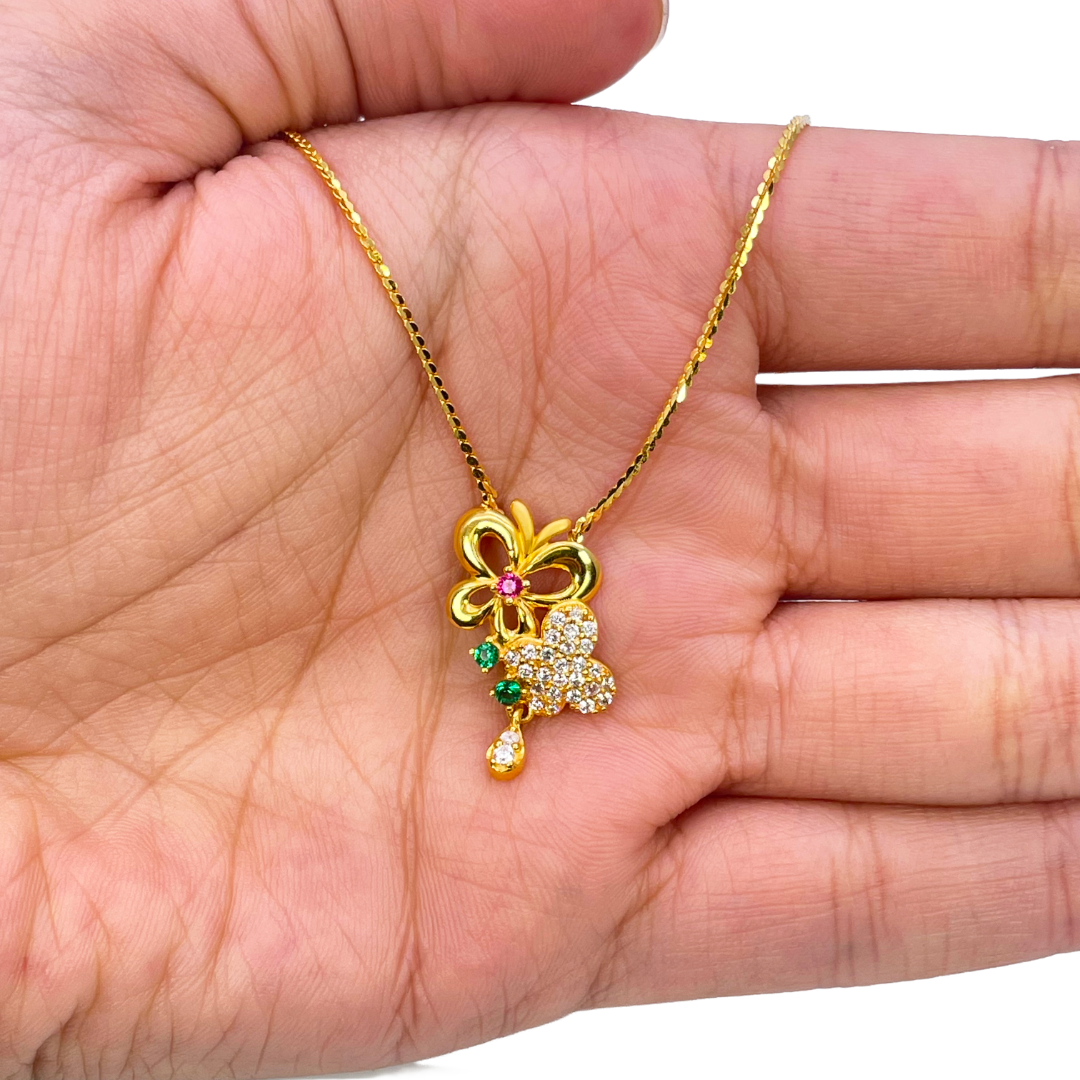 22ct Yellow Gold Floral Butterfly Necklace and Earrings Set 18.5 inches
