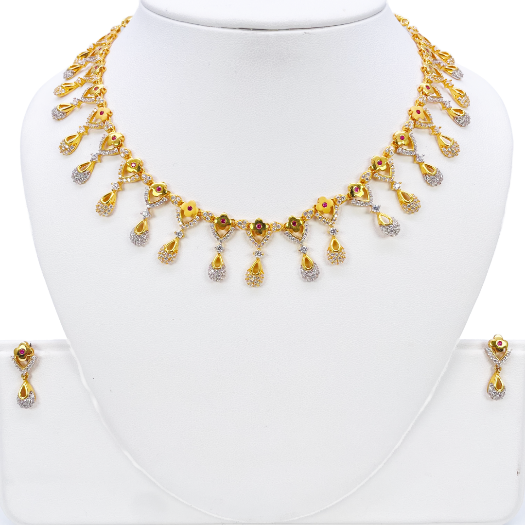 22ct Yellow Gold Floral Drop Necklace Earrings Set 15.5 Inches