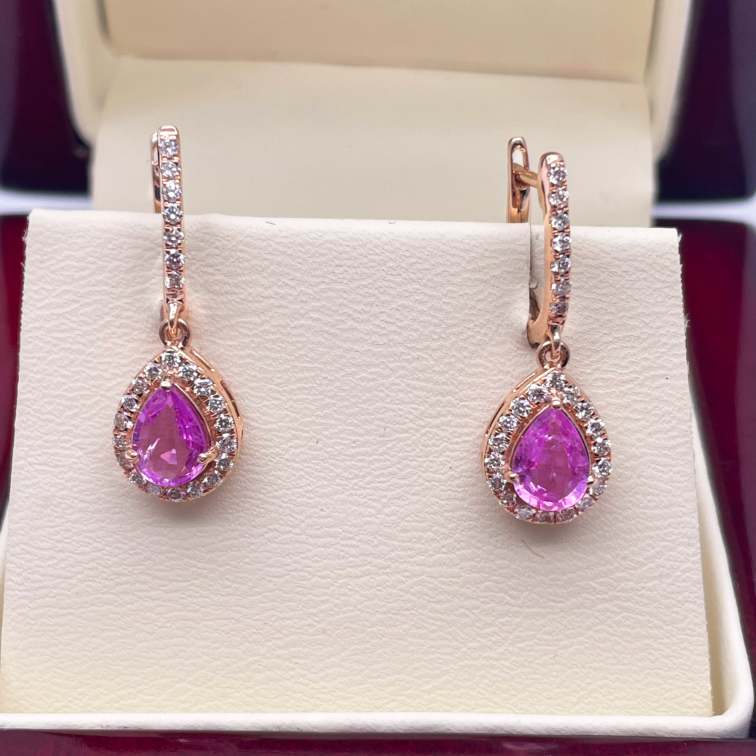 18ct Rose Gold Diamond & Pink Sapphire Pear Halo Teardrop Earrings 1.79ct  Earrings