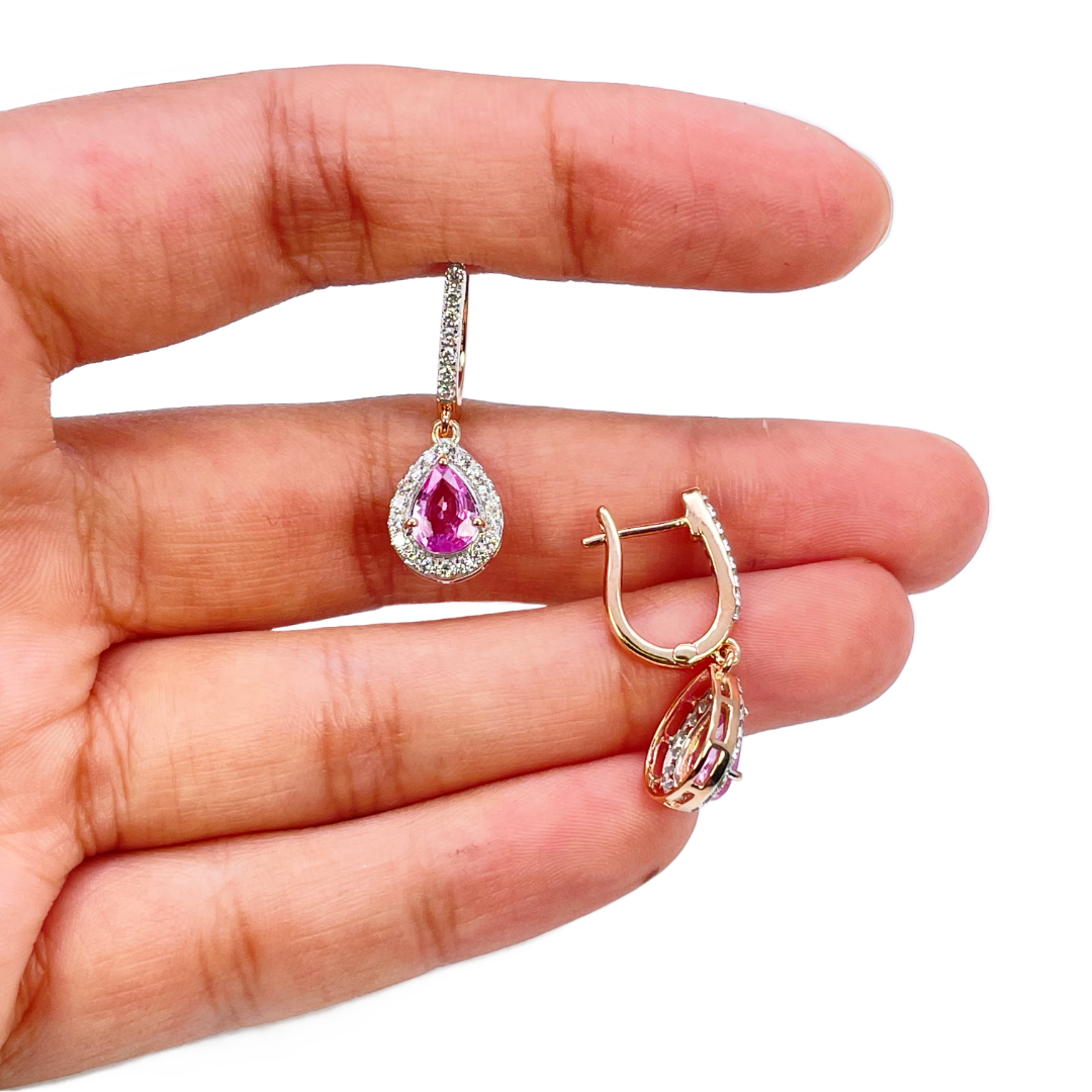 18ct Rose Gold Diamond & Pink Sapphire Pear Halo Teardrop Earrings 1.79ct  Earrings