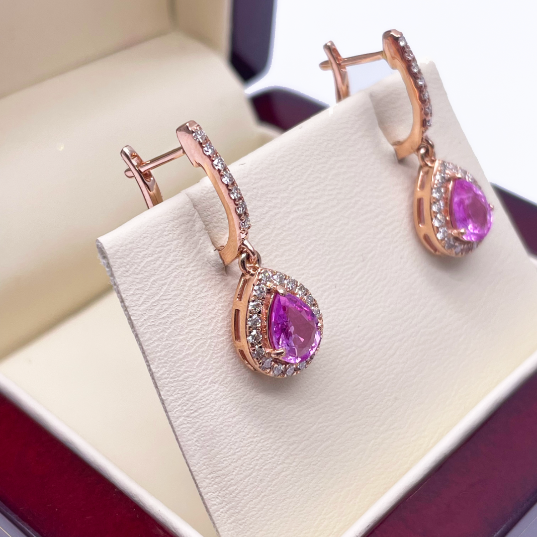 18ct Rose Gold Diamond & Pink Sapphire Pear Halo Teardrop Earrings 1.79ct  Earrings