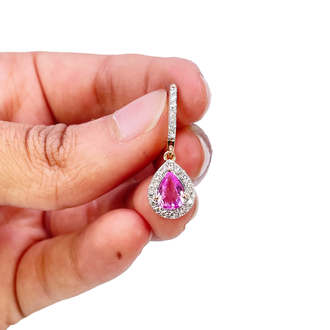 18ct Rose Gold Diamond & Pink Sapphire Pear Halo Teardrop Earrings 1.79ct  Earrings