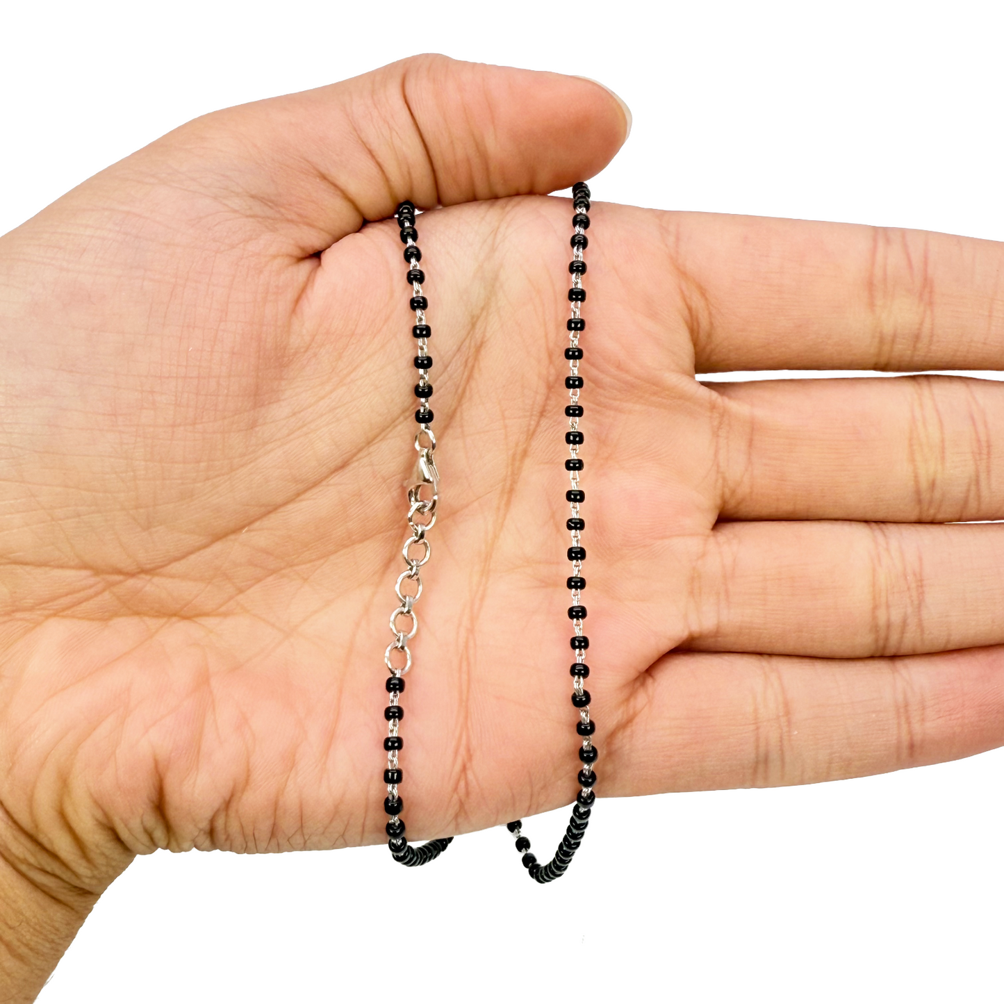 18ct White Gold Ladies Mangalsutra Chain Black Beaded Necklace 18 Inches