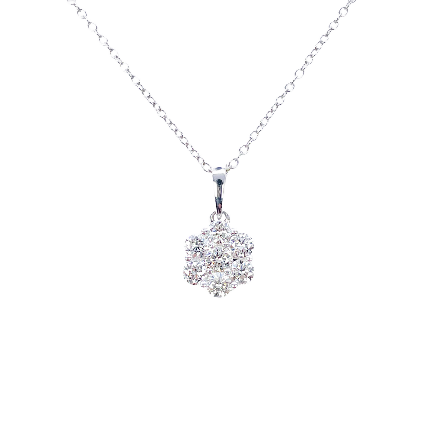 9ct White Gold & Natural Diamond Daisy Cluster Pendant Necklace 0.77cts