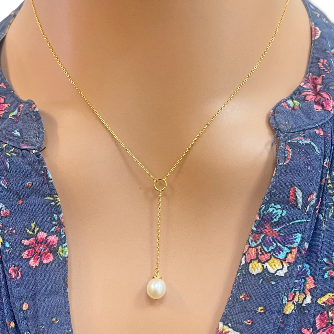 22ct Yellow Gold Ladies Fancy Freshwater Pearl Drop Chain Necklace 16'' inches