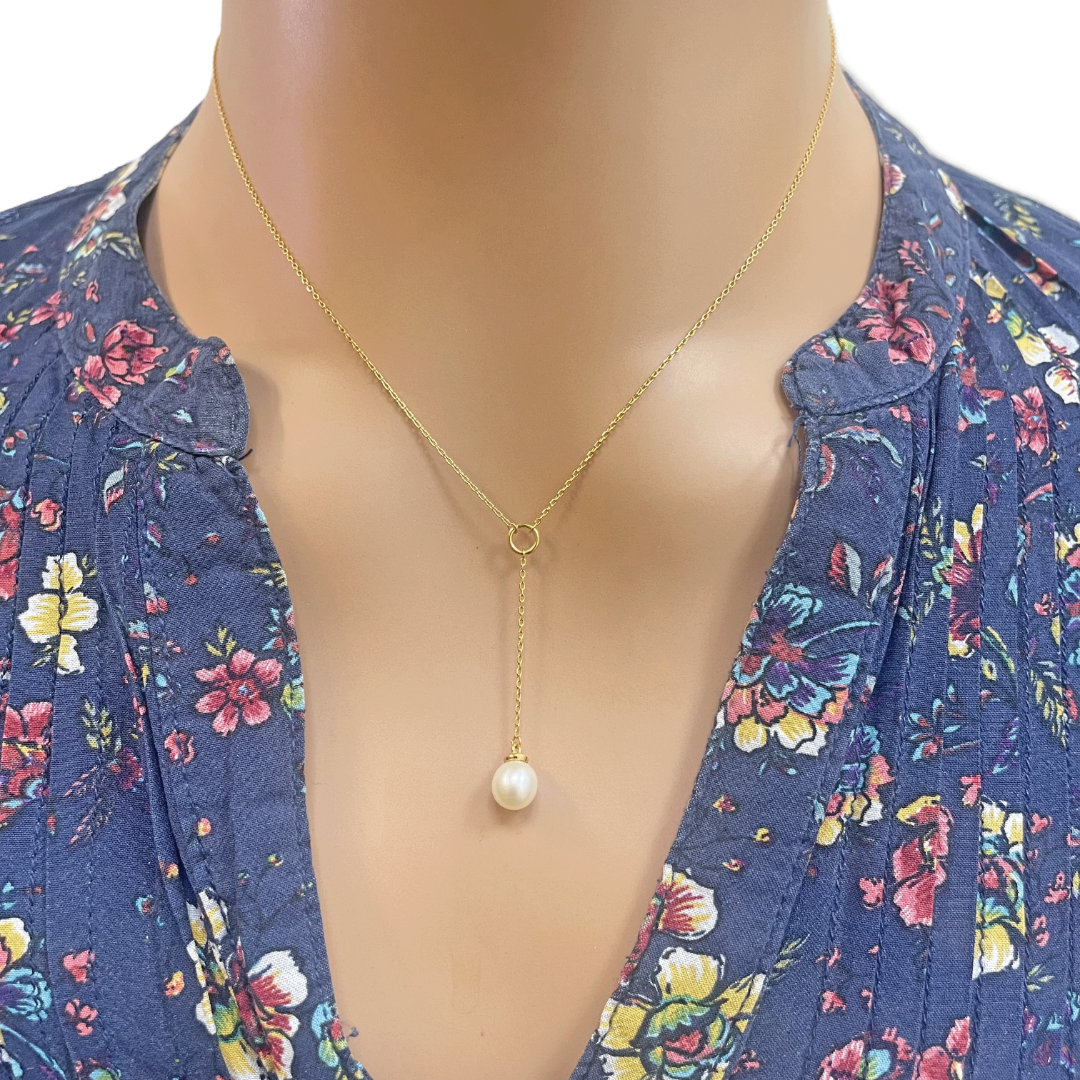 22ct Yellow Gold Ladies Fancy Freshwater Pearl Drop Chain Necklace 16'' inches