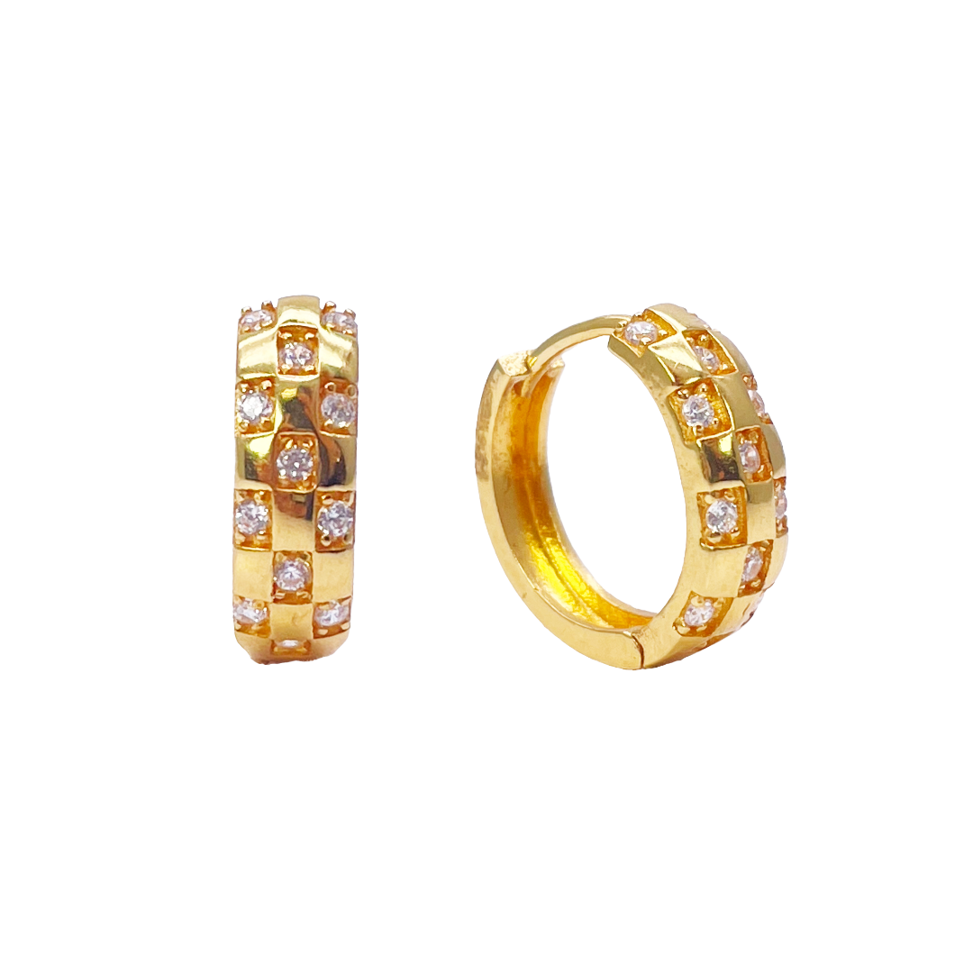 22ct Yellow Gold Checkered Cubic Zirconia Hoop Huggie Earrings 10.4mm Diameter