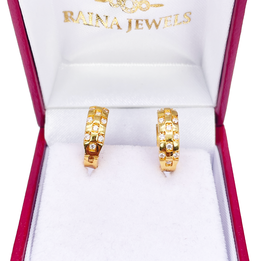 22ct Yellow Gold Checkered Cubic Zirconia Hoop Huggie Earrings 10.4mm Diameter