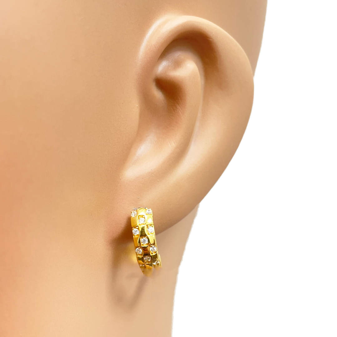 22ct Yellow Gold Checkered Cubic Zirconia Hoop Huggie Earrings 10.4mm Diameter