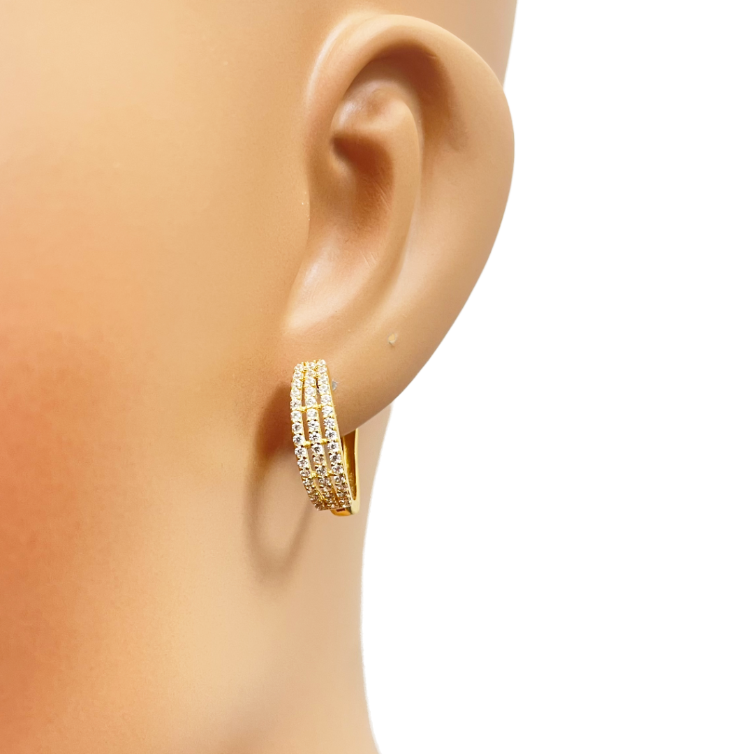 22ct Yellow Gold Beautiful Three Row Cubic Zirconia Huggies Hoop Earrings