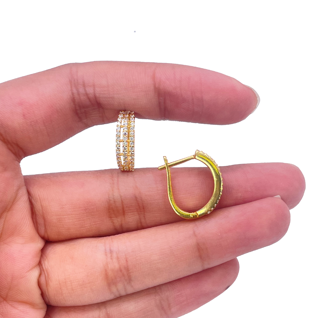 22ct Yellow Gold Beautiful Three Row Cubic Zirconia Huggies Hoop Earrings
