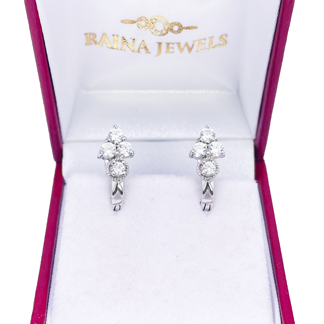 18ct White Gold Four Stone Cubic Zirconia Pair of Hoop Earrings 6.7mm Diameter