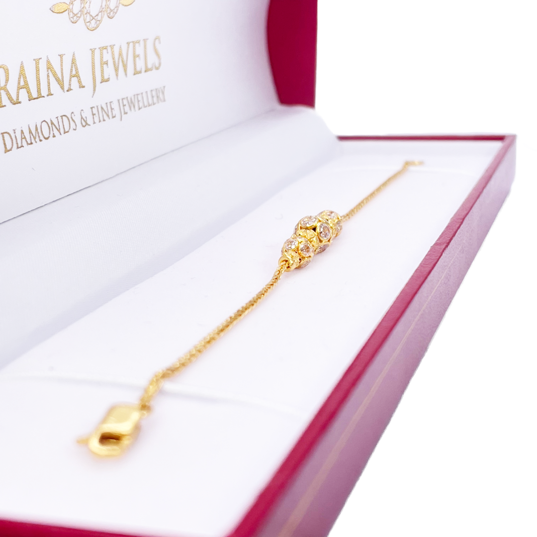 22ct Yellow Gold Seven Diamond Cut & Cubic Zirconia Sparkly Beaded Bracelet 6.5 inches