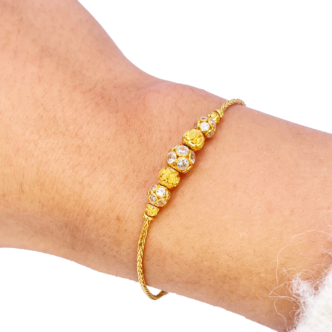 22ct Yellow Gold Seven Diamond Cut & Cubic Zirconia Sparkly Beaded Bracelet 6.5 inches