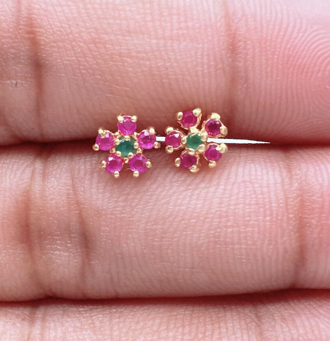 22ct Yellow Gold Children's Small Ruby & Emerald Floral Stud Earrings