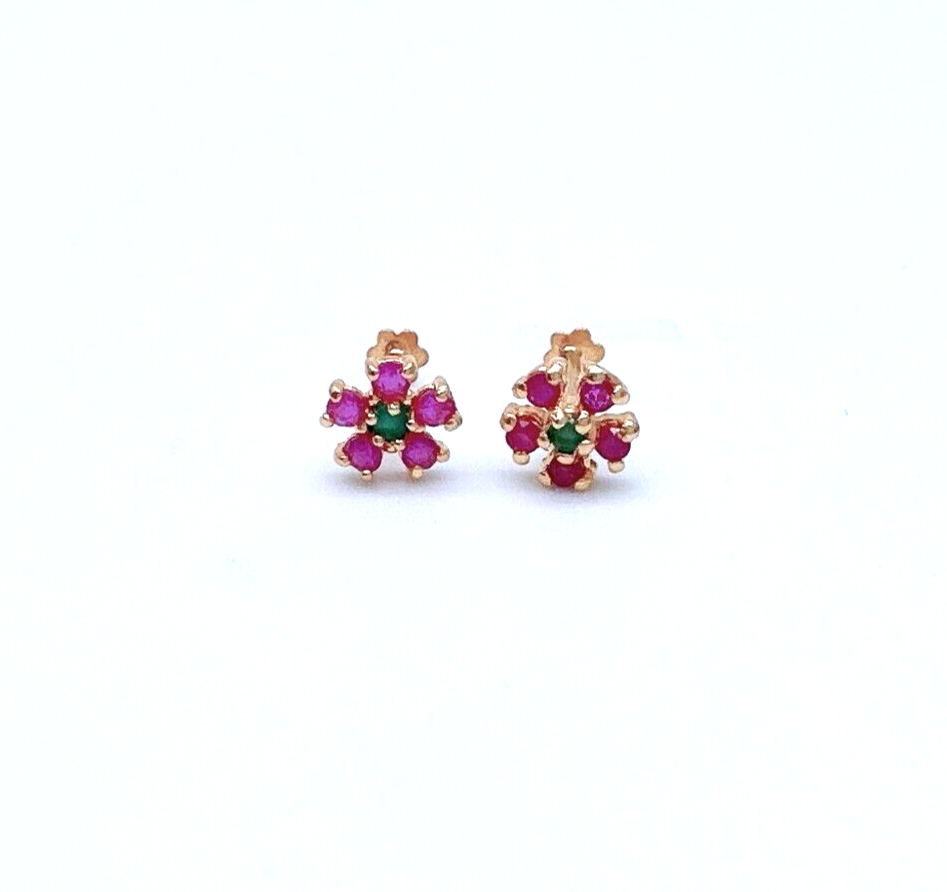 22ct Yellow Gold Children's Small Ruby & Emerald Floral Stud Earrings