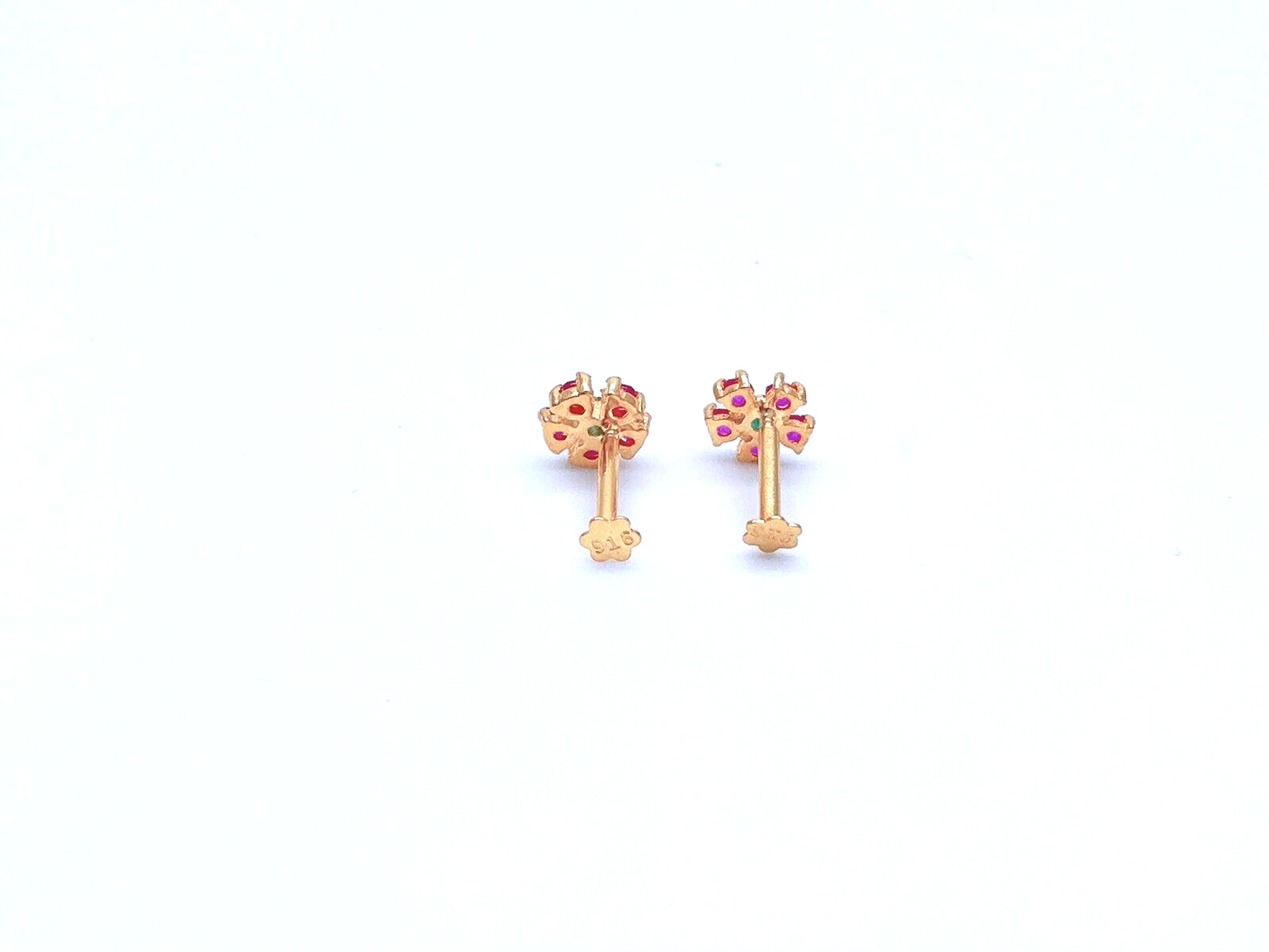 22ct Yellow Gold Children's Small Ruby & Emerald Floral Stud Earrings