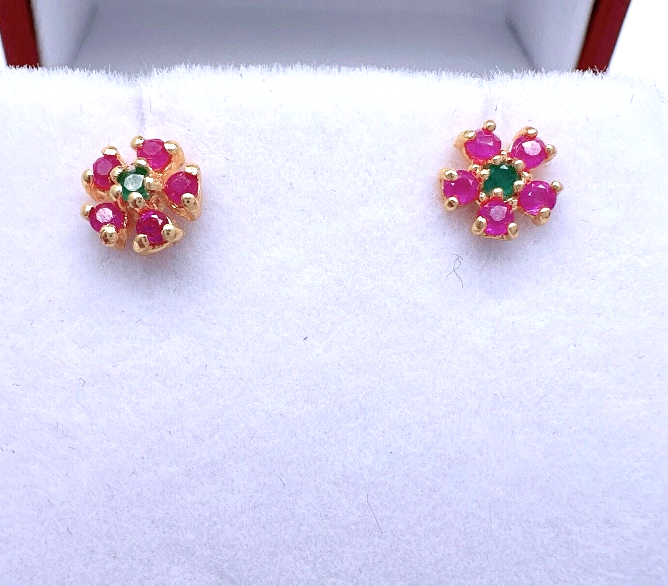 22ct Yellow Gold Children's Small Ruby & Emerald Floral Stud Earrings