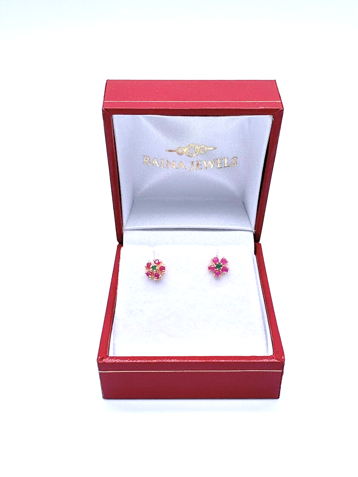 22ct Yellow Gold Children's Small Ruby & Emerald Floral Stud Earrings