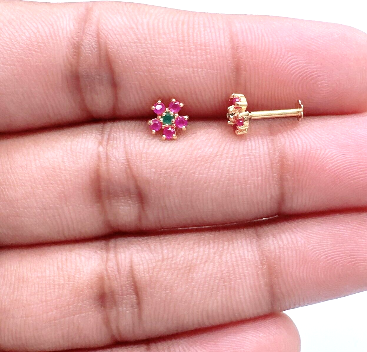 22ct Yellow Gold Children's Small Ruby & Emerald Floral Stud Earrings
