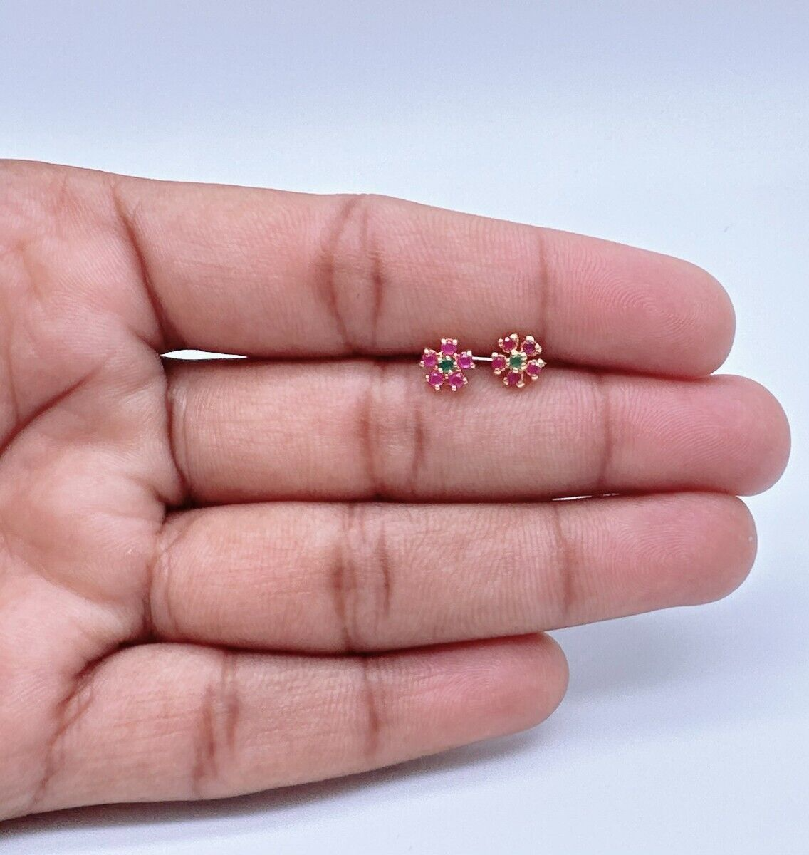 22ct Yellow Gold Children's Small Ruby & Emerald Floral Stud Earrings