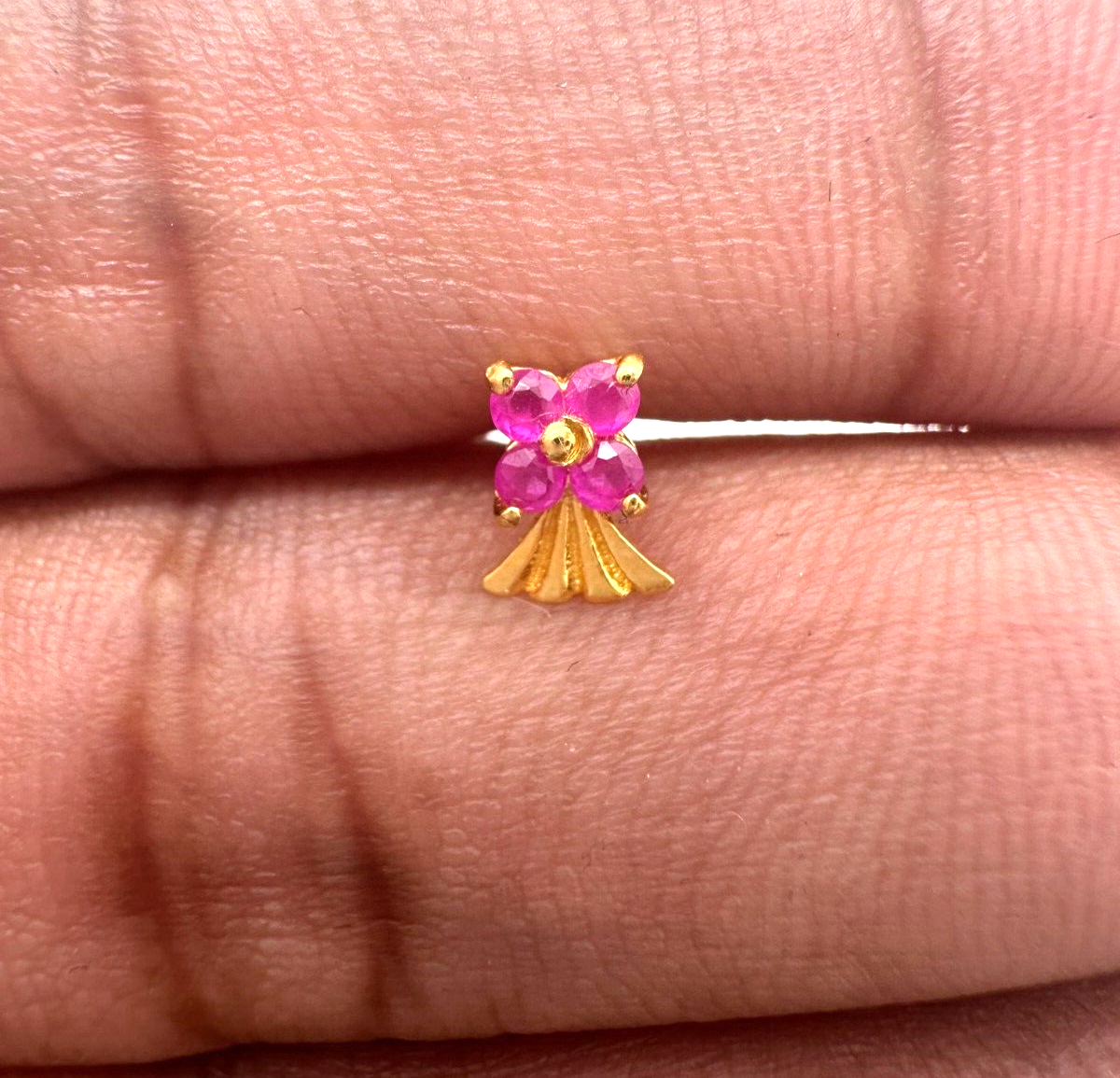 22ct Yellow Gold Nose Stud With Four Natural Ruby Stones / Stylish Nose Pin