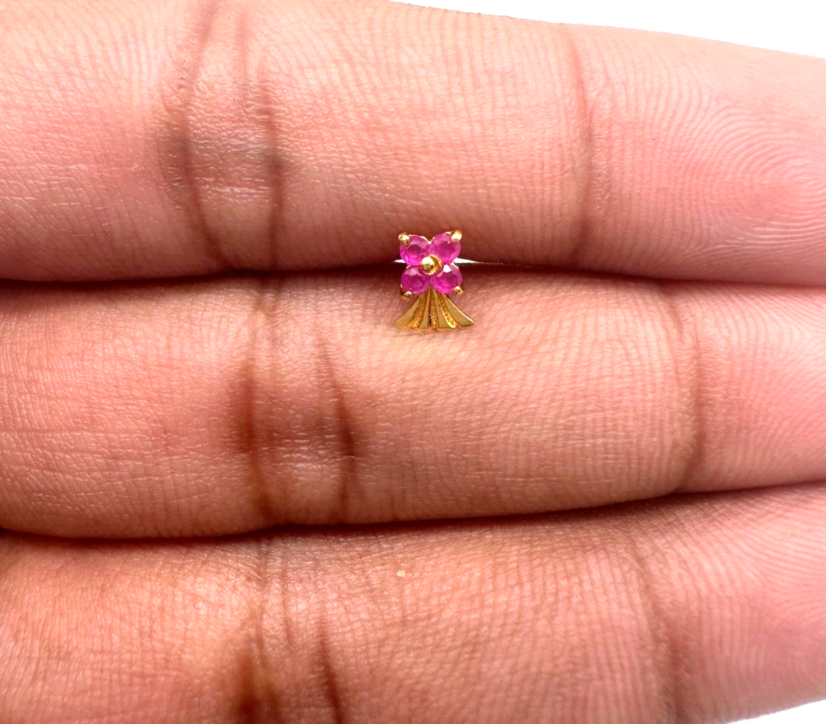 22ct Yellow Gold Nose Stud With Four Natural Ruby Stones / Stylish Nose Pin