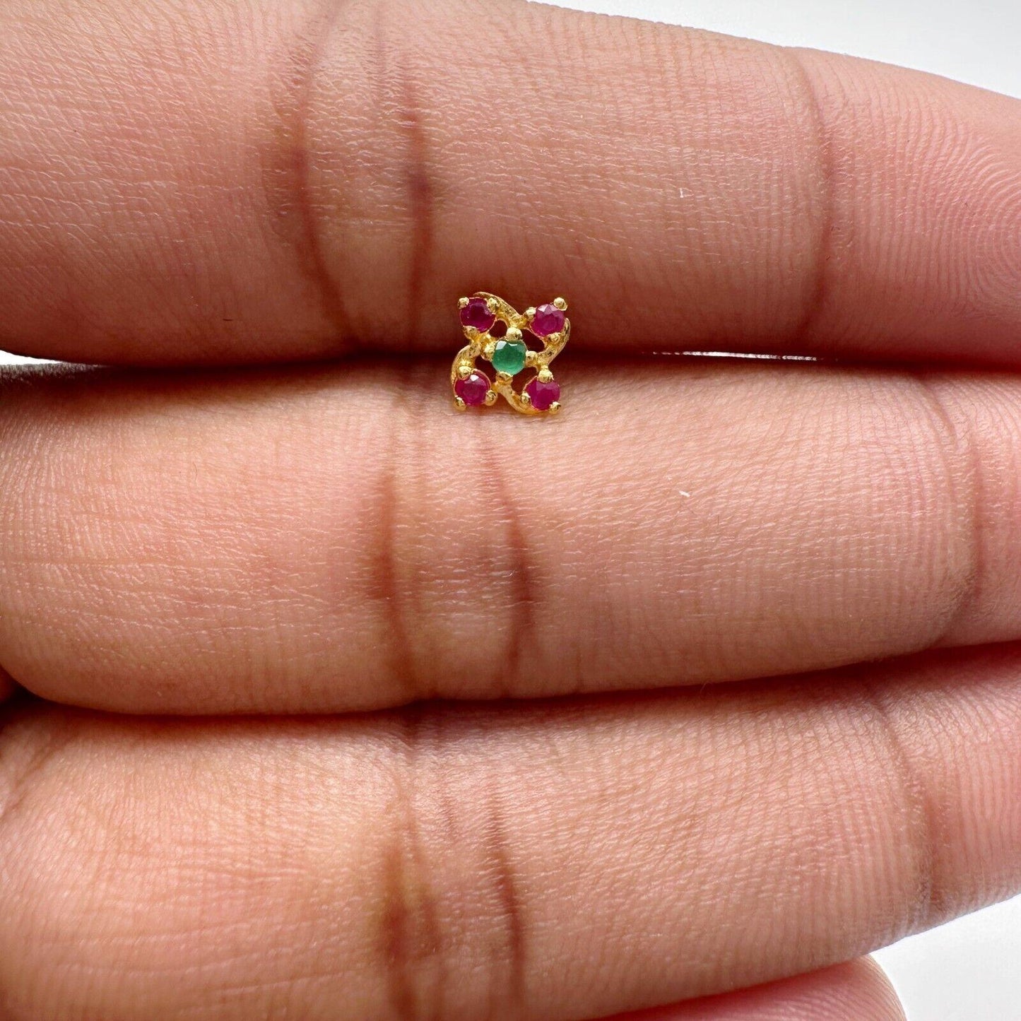 22ct Yellow Gold Natural Ruby & Emerald Nose Stud/Nose Pin/Nose Piercings