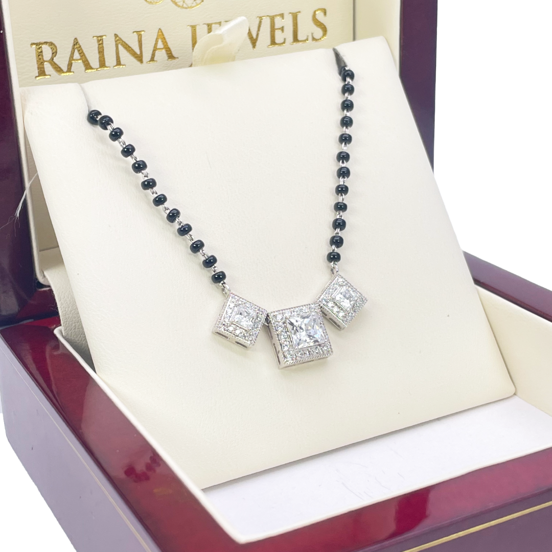 18ct White Gold Cubic Zirconia Tanmaniya Pendant & Mangalsutra Chain Necklace 19inches