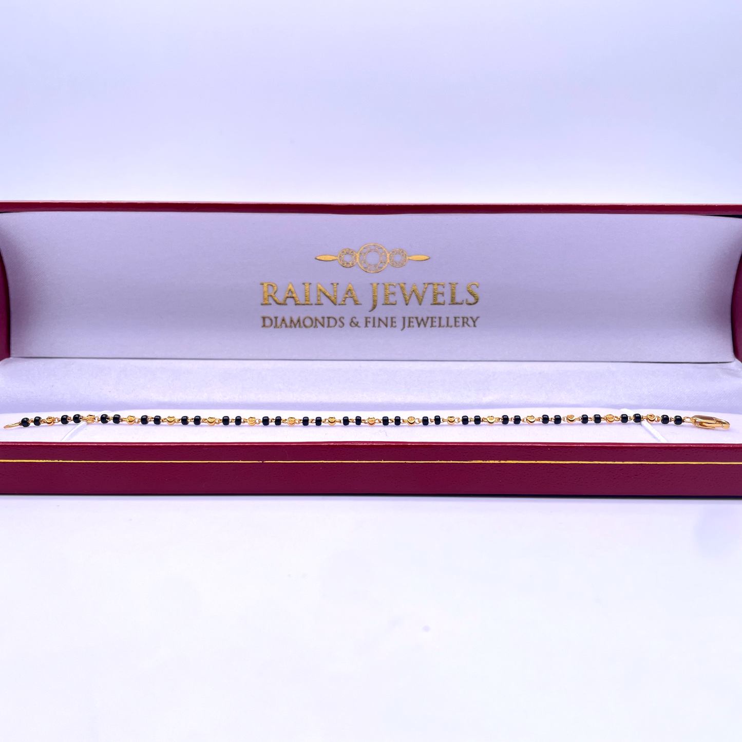 22ct Yellow Gold Diamond Cut Double Black Beaded Mangalsutra Bracelet 7'' inches
