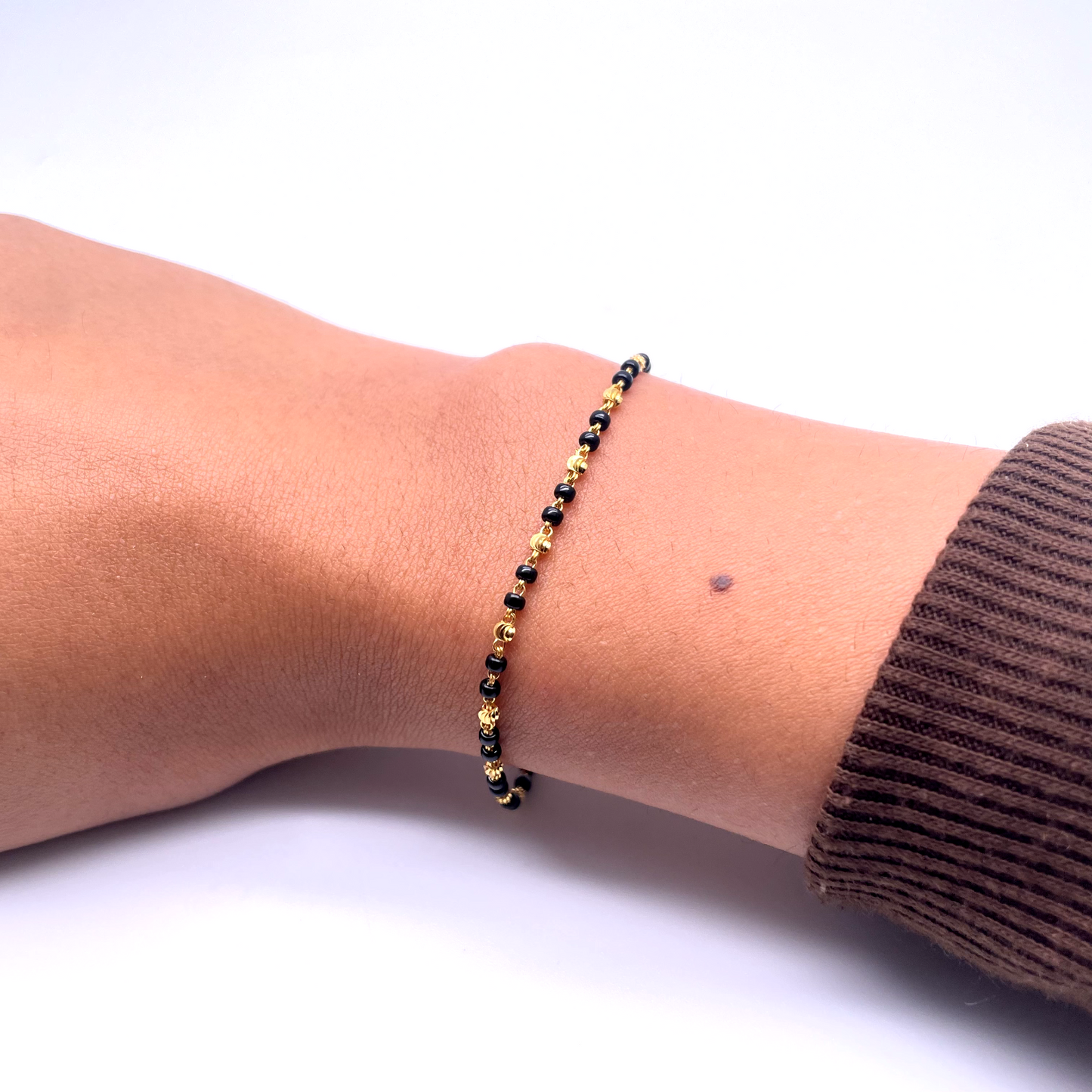 22ct Yellow Gold Diamond Cut Double Black Beaded Mangalsutra Bracelet 7'' inches