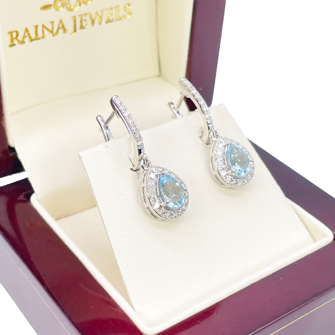 18ct White Gold Diamond & Blue Aquamarine Pear Halo Hoop Earrings 1.58ct