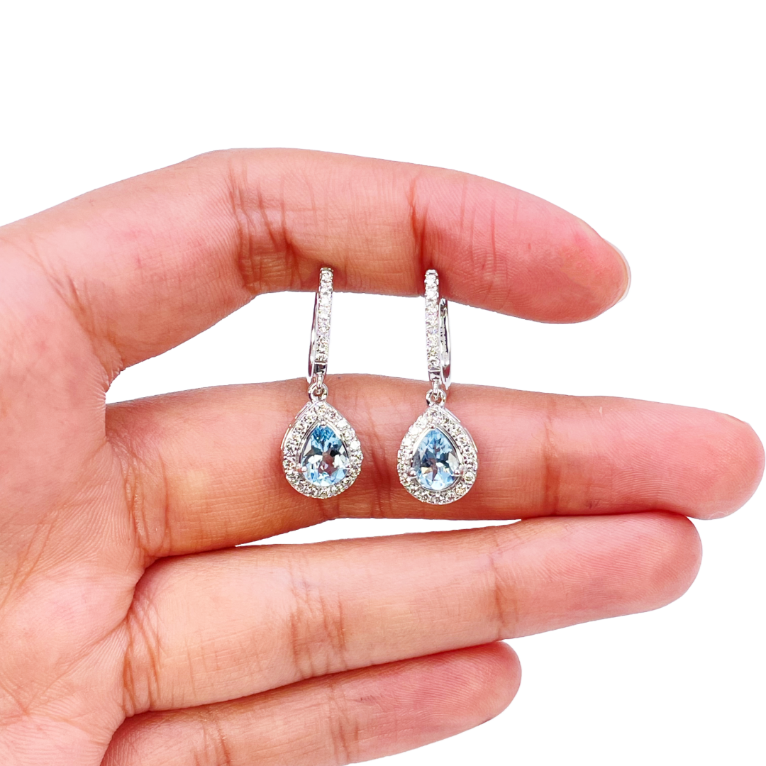 18ct White Gold Diamond & Blue Aquamarine Pear Halo Hoop Earrings 1.58ct