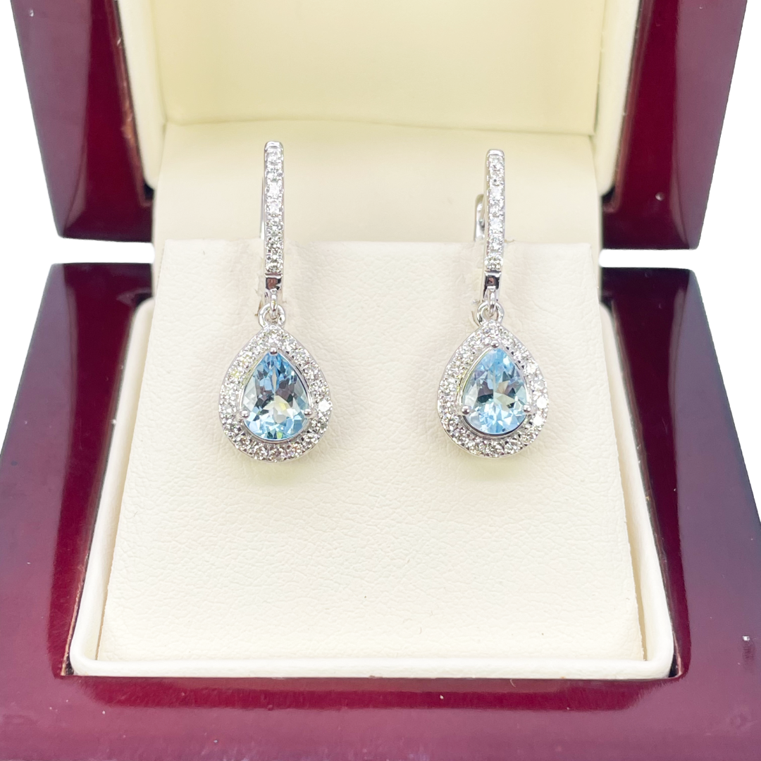 18ct White Gold Diamond & Blue Aquamarine Pear Halo Hoop Earrings 1.58ct