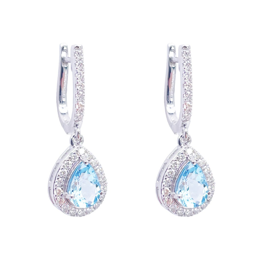18ct White Gold Diamond & Blue Aquamarine Pear Halo Hoop Earrings 1.58ct