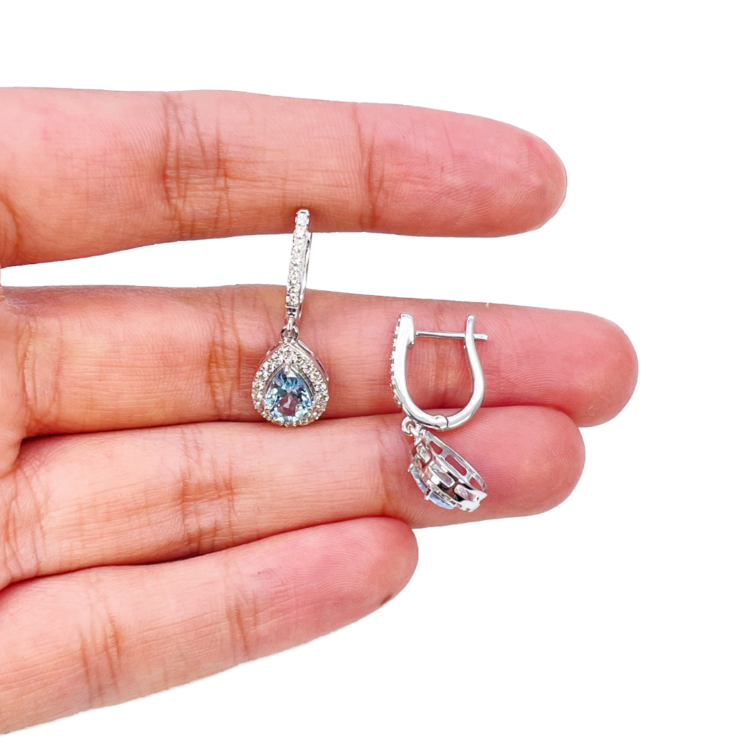 18ct White Gold Diamond & Blue Aquamarine Pear Halo Hoop Earrings 1.58ct
