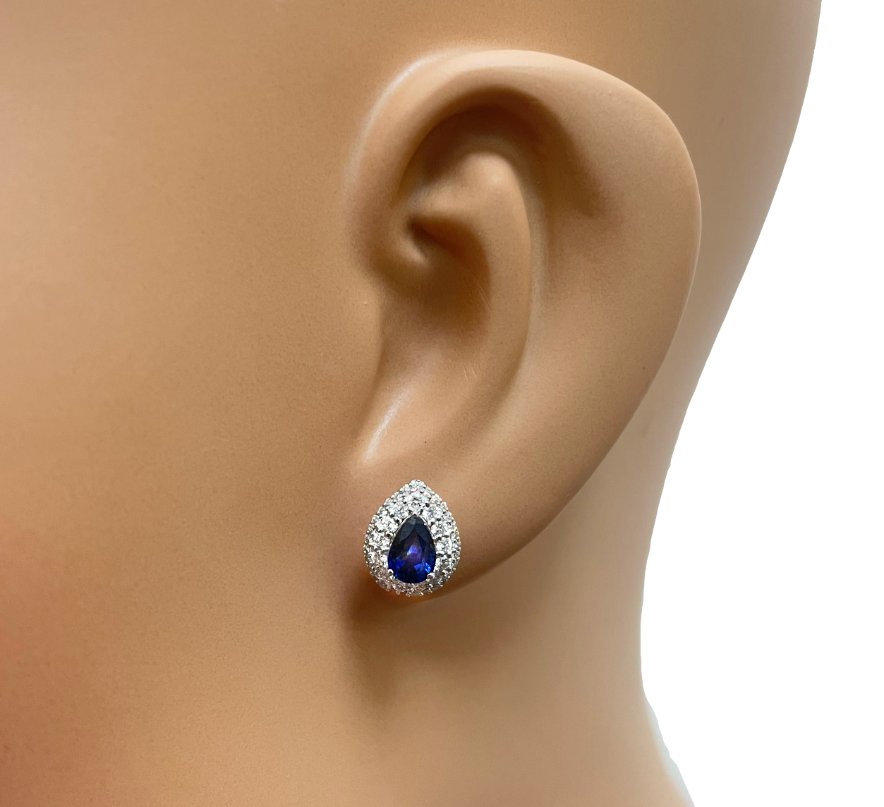 18ct White Gold Double Row Halo Diamond & Blue Sapphire Pear Shape Earring 0.46